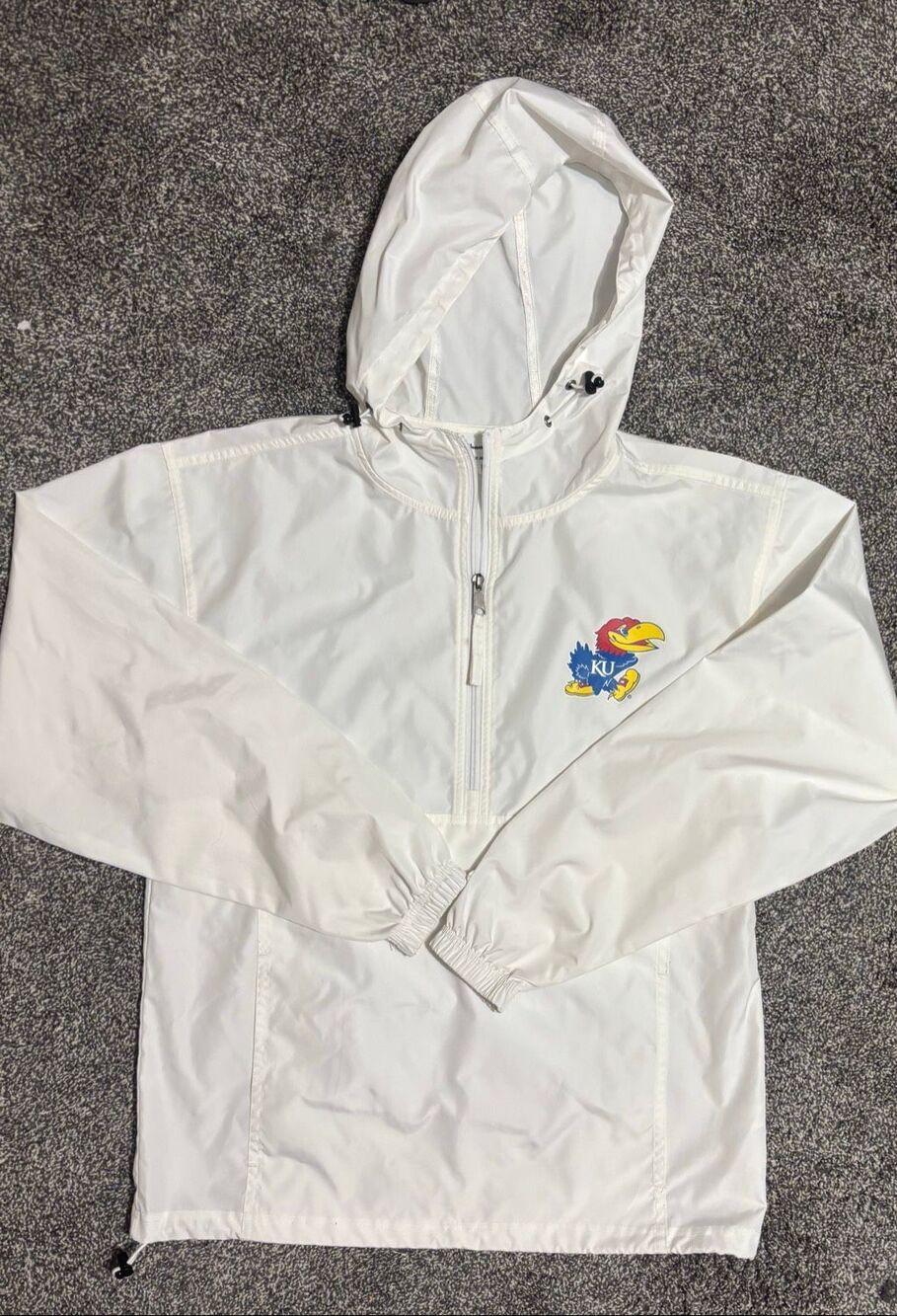 Kansas Jayhawks Champion Windbreaker Mens Small White 1/4 Zip Hooded Pullover